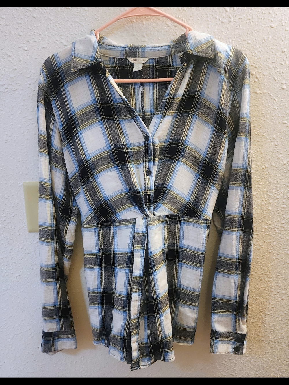 Cato White Black Yellow Plaid Tie-Front Shirt